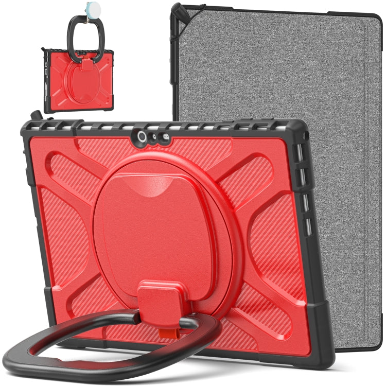 Rugged tablet case with red textured front, gray back, and hand-strap kickstand