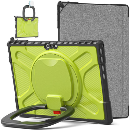 Rugged tablet case with neon green textured front, gray back, and hand-strap kickstand