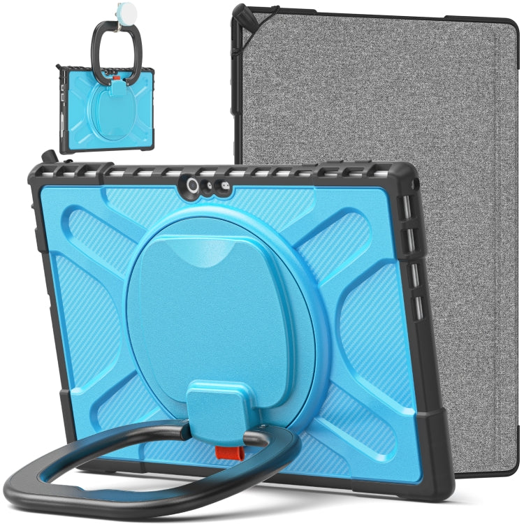 Rugged tablet case with blue textured front, gray back, and hand-strap kickstand