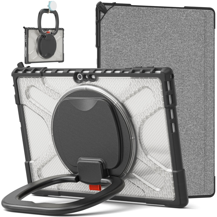 Grey and white tablet case with textured backing, circular kickstand, and strap