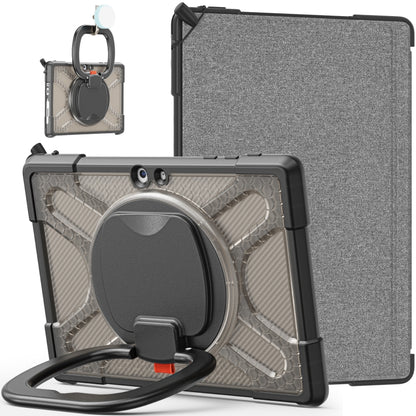 Gray-and-black tablet case with clear textured interior and rotatable ring handle kickstand