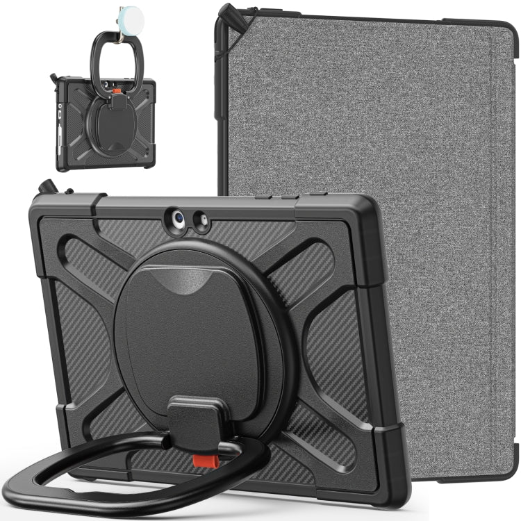 Rugged tablet case with black frame, gray textured back, and hand-strap kickstand