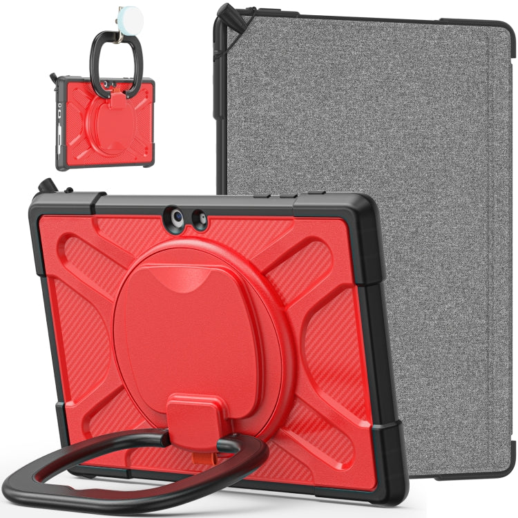 Rugged tablet case with red textured front, gray back, and hand-strap kickstand