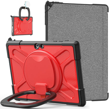 Rugged tablet case with red textured front, gray back, and hand-strap kickstand
