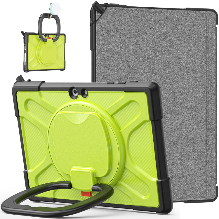 Rugged tablet case with neon green textured front, gray back, and hand-strap kickstand