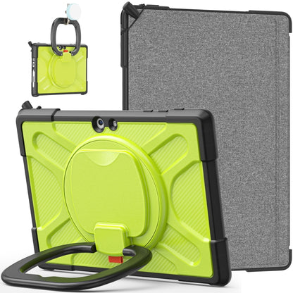 Rugged tablet case with neon green textured front, gray back, and hand-strap kickstand