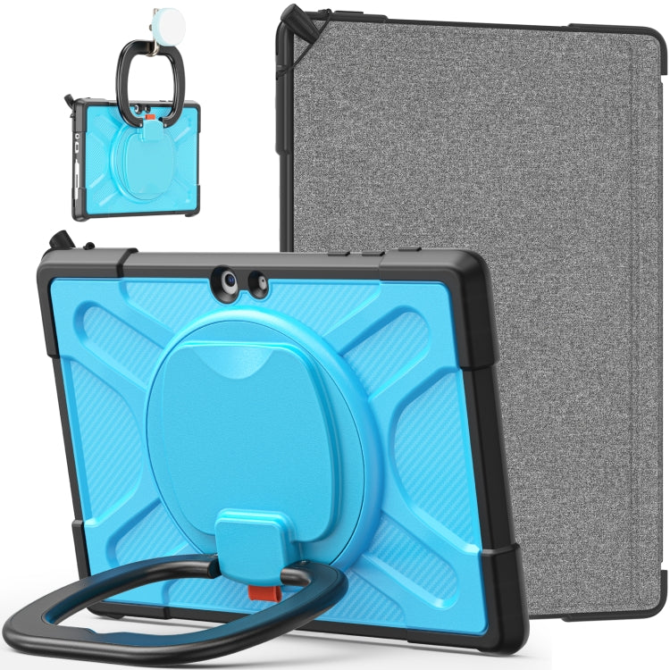 Grey tablet case with blue insert, folio cover, and strap handle kickstand stand