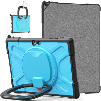 Grey tablet case with blue insert, folio cover, and strap handle kickstand stand