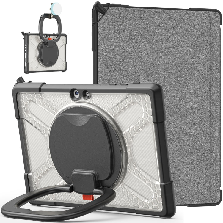 Grey tablet case with white textured insert, circular kickstand ring, and strap