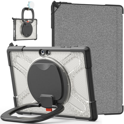 Grey tablet case with white textured insert, circular kickstand ring, and strap