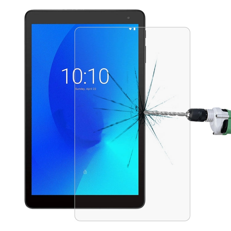 Clear tempered glass screen protector film on tablet display (anti-shatter).