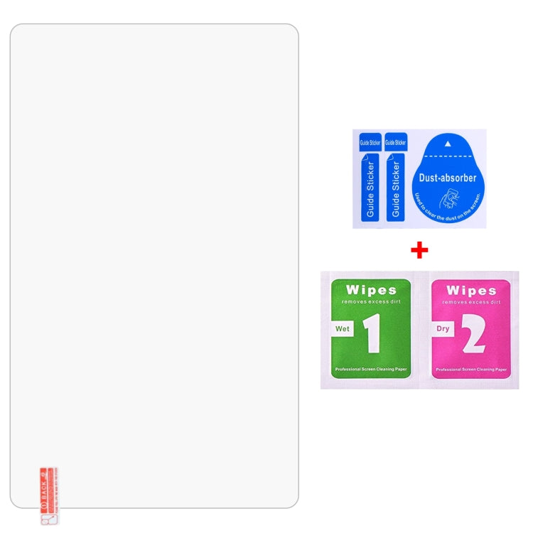 Clear tempered glass screen protector sheet with wet and dry cleaning wipes.