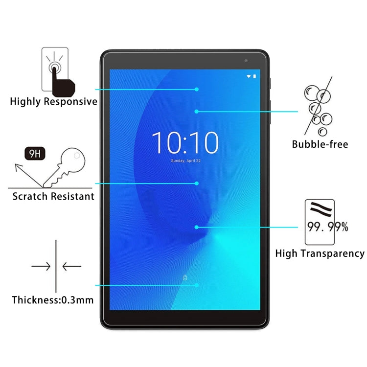 Scratch-resistant 9H tempered glass screen protector for tablet, bubble-free fit.