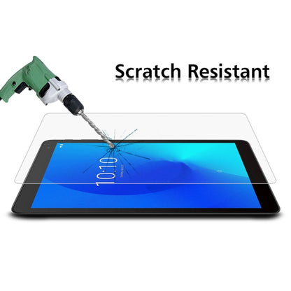 Clear tempered glass screen protector film on tablet screen, scratch-resistant.