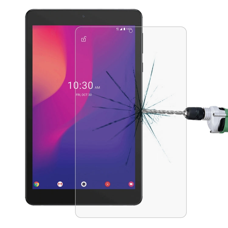 Clear tempered glass screen protector film on black tablet display (anti-shatter).