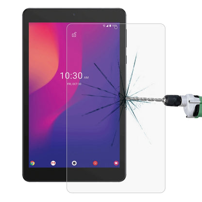Clear tempered glass screen protector film on black tablet display (anti-shatter).