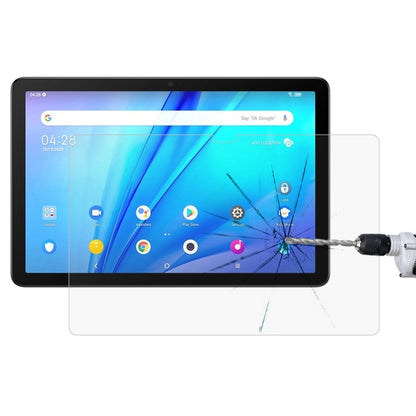 Clear tempered glass screen protector film on tablet display, anti-shatter.