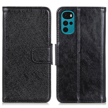 Black nappa texture leather phone case, front flip closed and camera cutout on back