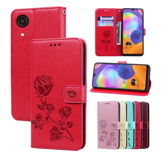 Red rose-embossed leather wallet phone case with card slots and side button cutouts.