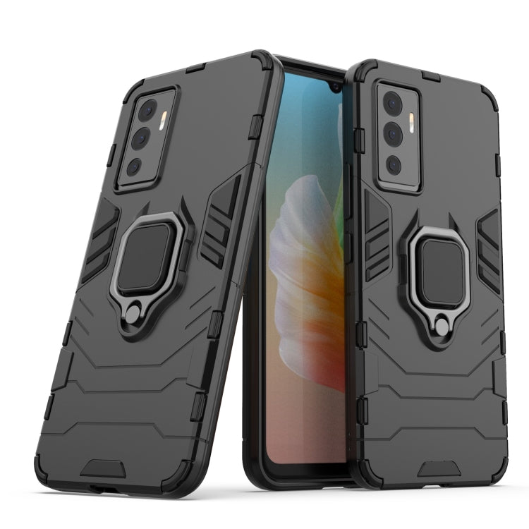 Black rugged phone case with magnetic ring holder, front and back view