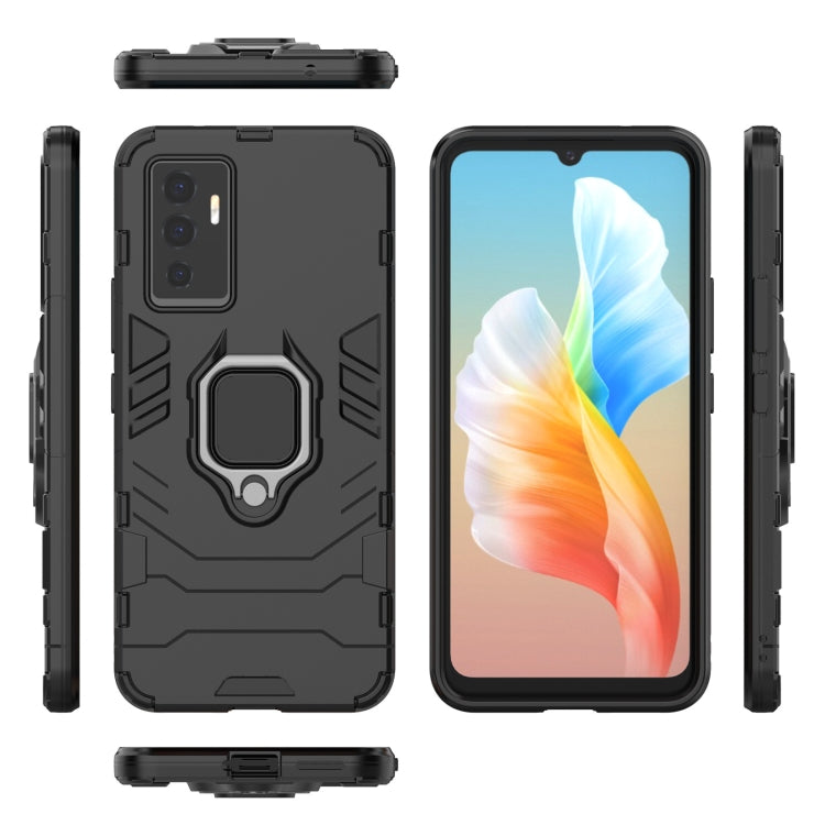 Rugged phone case with magnetic ring holder, shows front, back, and side protection