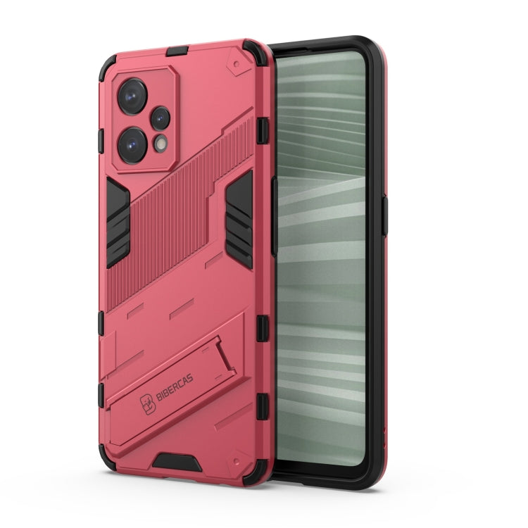 Rugged light red phone case with raised corners and cutouts for camera and ports