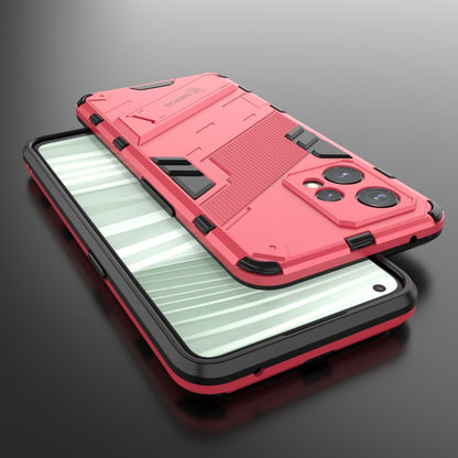Light red rugged phone case on smartphone with kickstand for landscape viewing