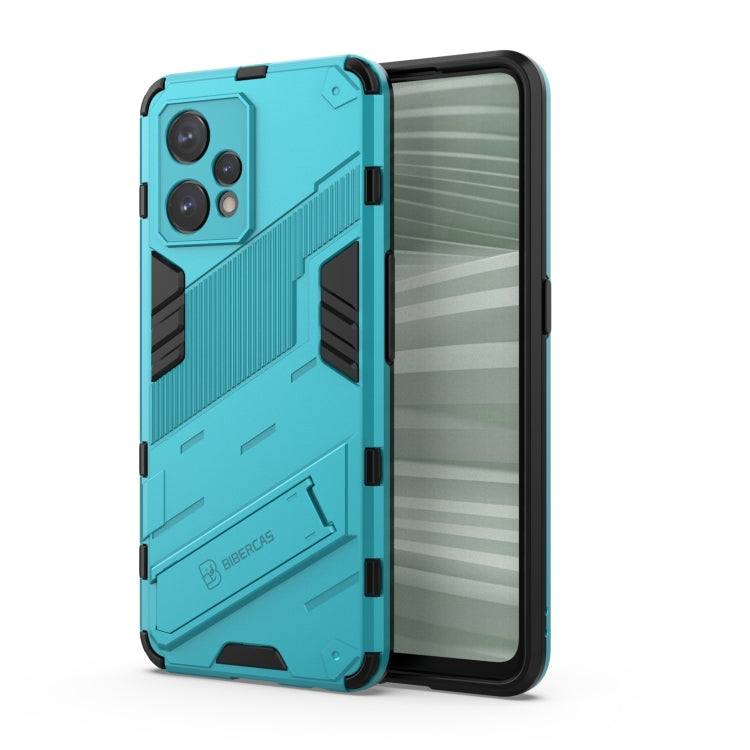 Rugged blue phone case with raised edges and cutouts for camera and ports