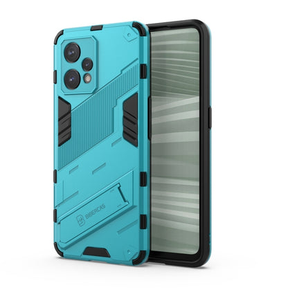 Rugged blue phone case with raised edges and cutouts for camera and ports