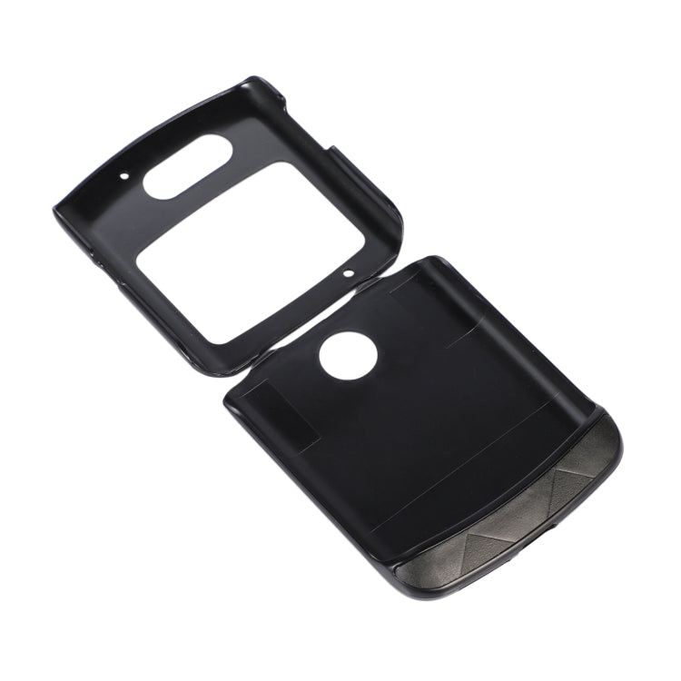 Black weave plaid PU phone case, angled view of front window and camera cutout