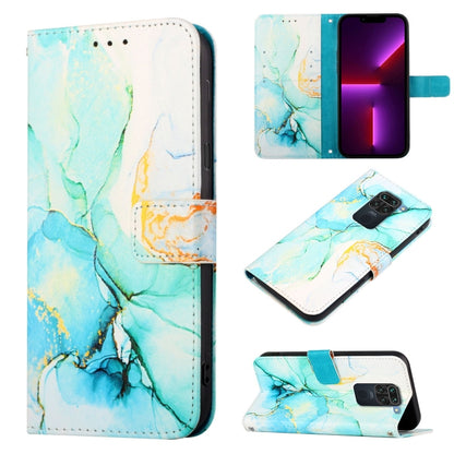 Marble-pattern flip leather phone case, blue and teal marbled look with blue strap