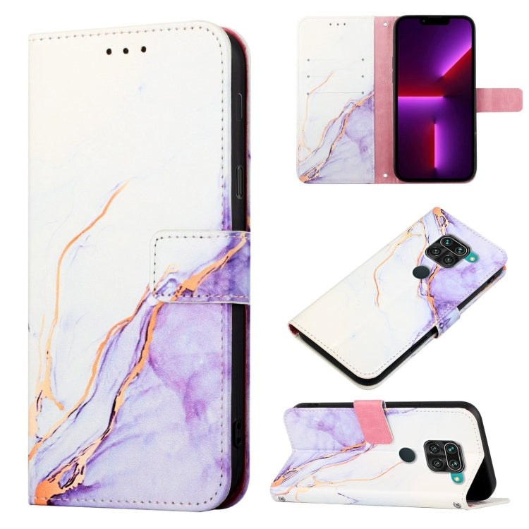 Marble-pattern flip leather phone case, white and purple marble design with pink magnetic strap