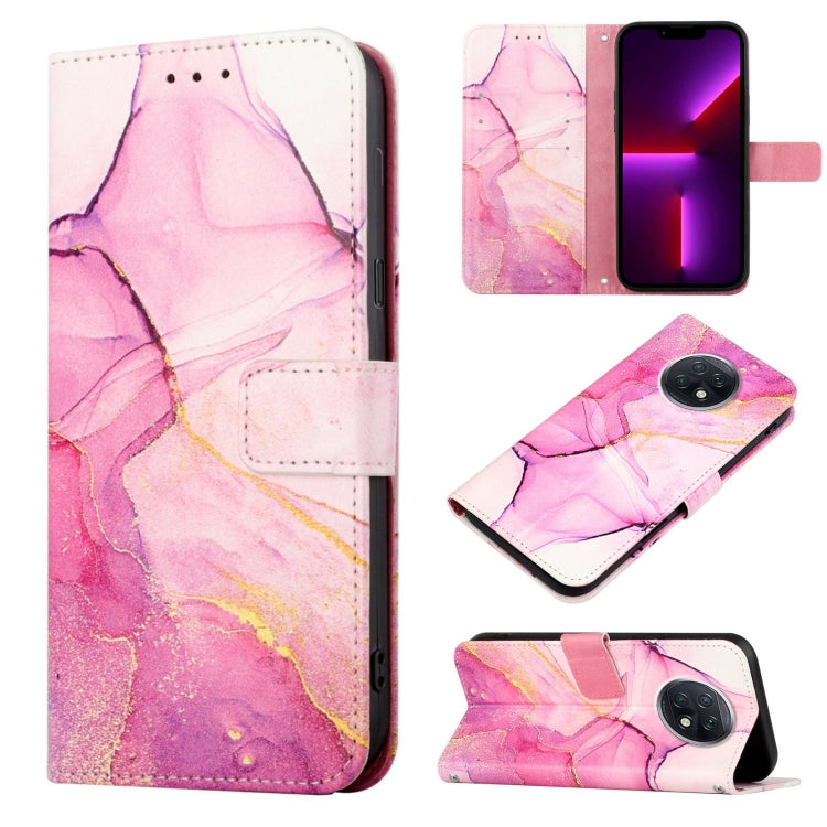 Marble flip leather phone case with pink and magenta stone pattern, pink magnetic strap