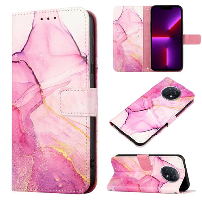Marble flip leather phone case with pink and magenta stone pattern, pink magnetic strap