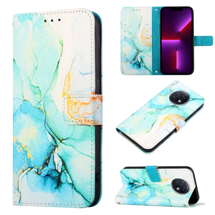 Marble flip leather phone case with blue and white stone pattern, teal magnetic strap