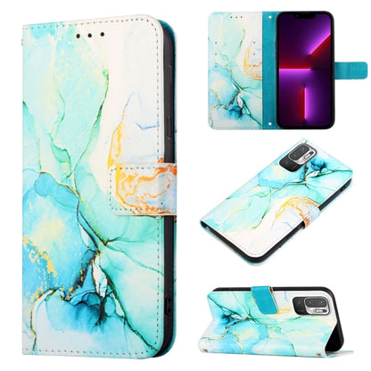 Marble flip leather phone case with blue and white marble pattern, teal magnetic strap