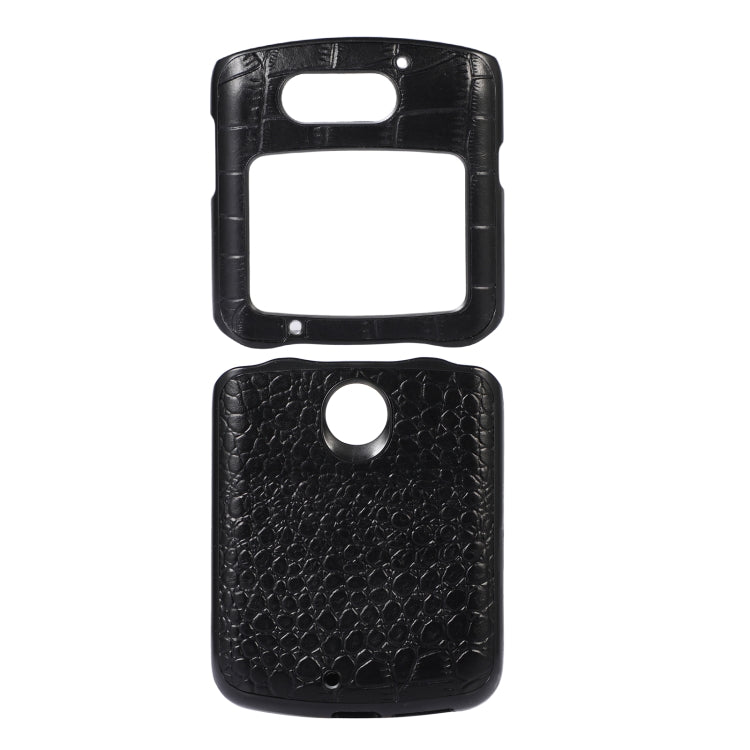 Black crocodile-textured leather phone case with cutouts for camera and speaker