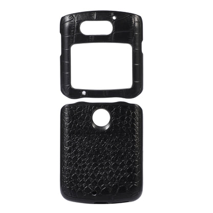 Black crocodile-textured leather phone case with cutouts for camera and speaker