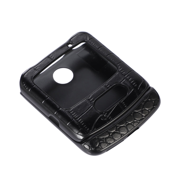 Black crocodile-textured leather phone case with round camera cutout and side openings