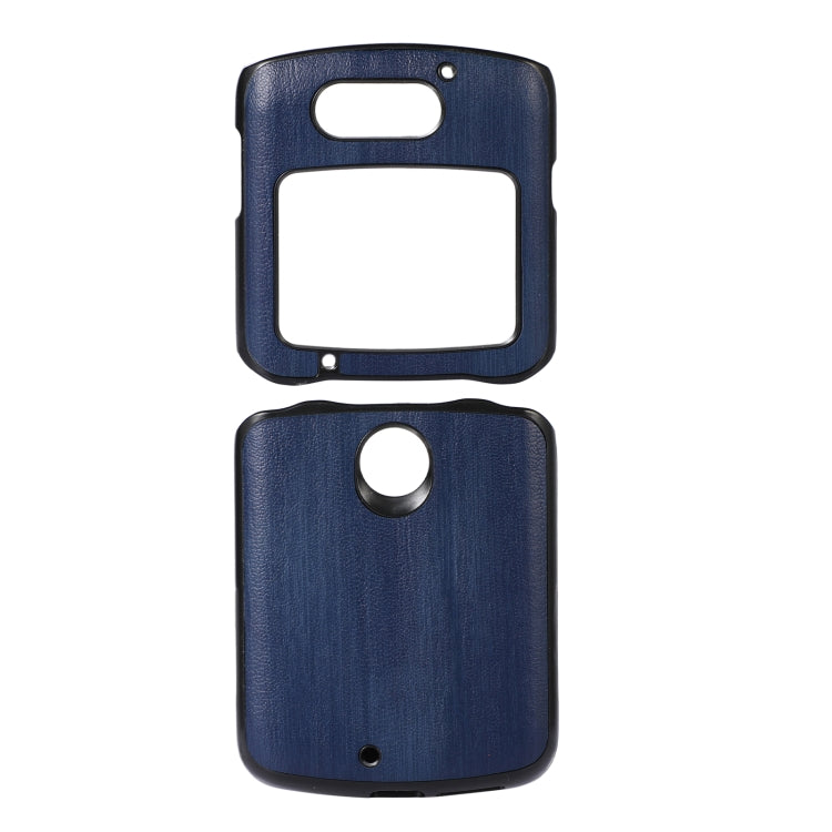 Blue PU phone case with cutout for camera and flash, molded for a folding phone