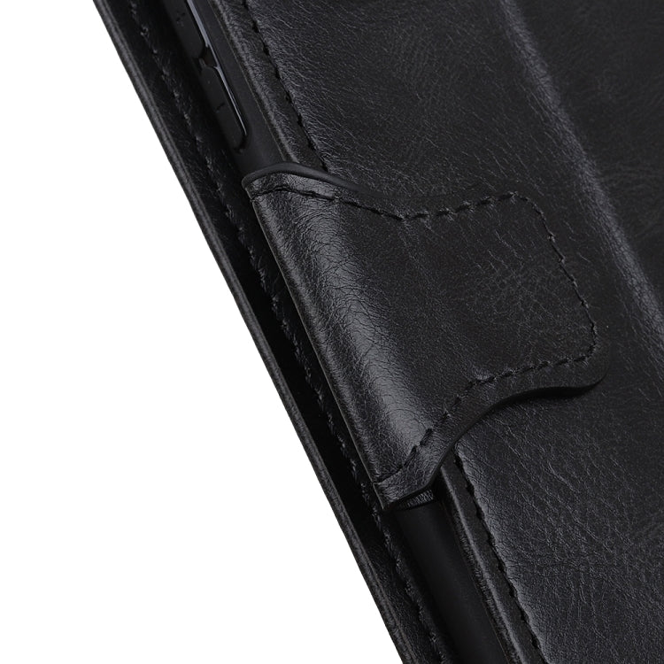 Close-up of black leather folio stitching and front flap detail