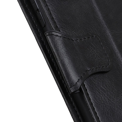 Close-up of black leather folio stitching and front flap detail