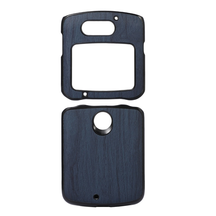 Blue wood-texture PU phone case for Razr 5G with camera opening and front window