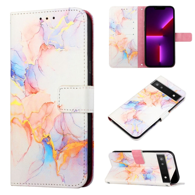 Marble-pattern flip leather wallet phone case in white with pastel pink and blue