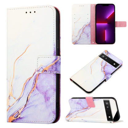 Marble-pattern flip leather wallet phone case in white with lavender and blue accents