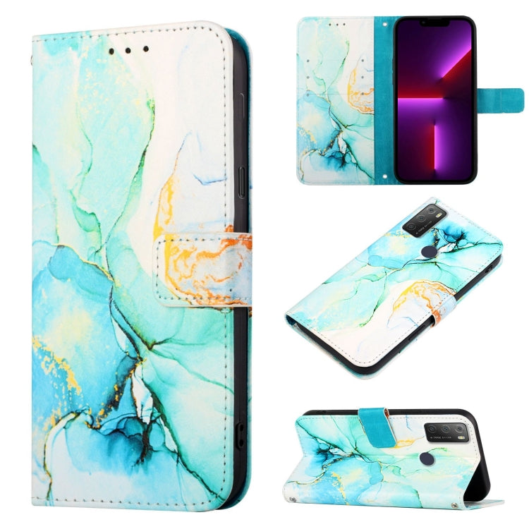 Marble-pattern flip leather phone case, turquoise and light blue marble with card slots