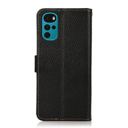Black litchi-texture leather phone case with camera cutout and side magnetic strap