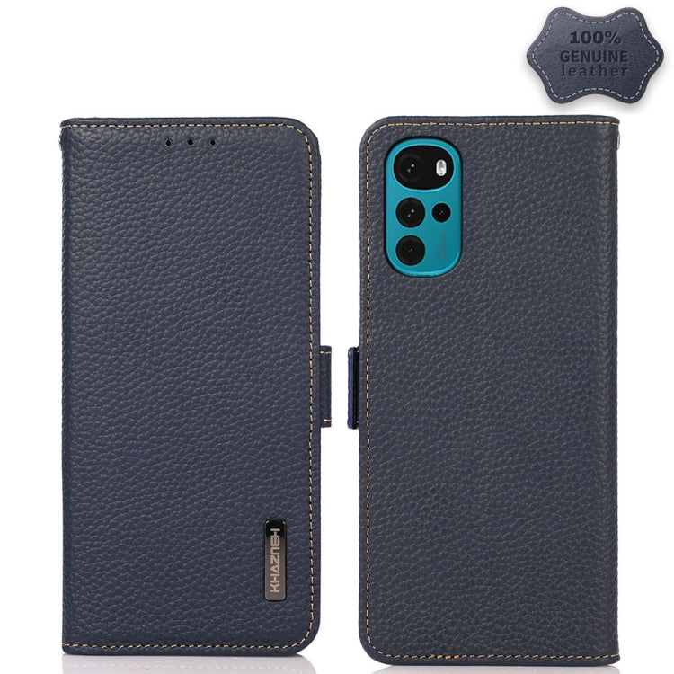 Blue litchi-texture genuine leather phone case with side magnetic closure