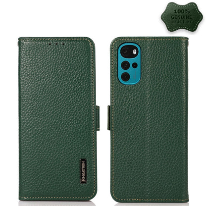 Green litchi-texture genuine leather phone case with side magnetic closure