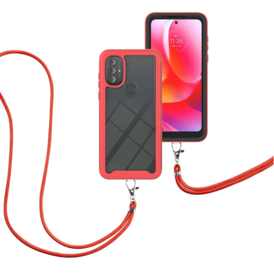 Red shockproof phone case with neck strap, textured back and dual camera cutout